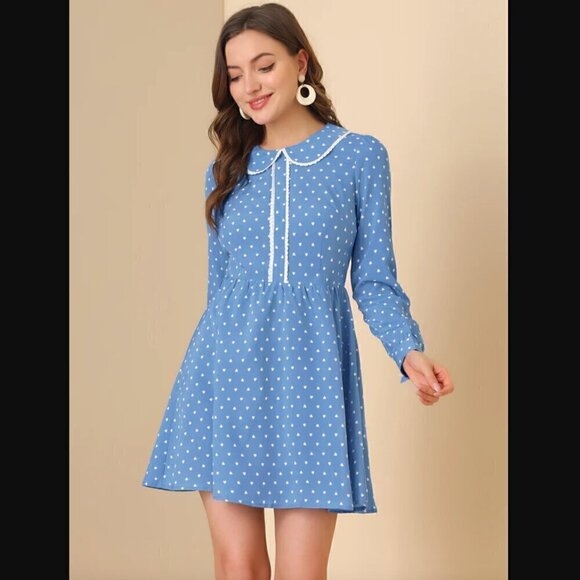 Allegra K Dress M Heart Print Long Sleeve A-Line Peter Pan Collar Mod Retro Blue - Picture 1 of 5